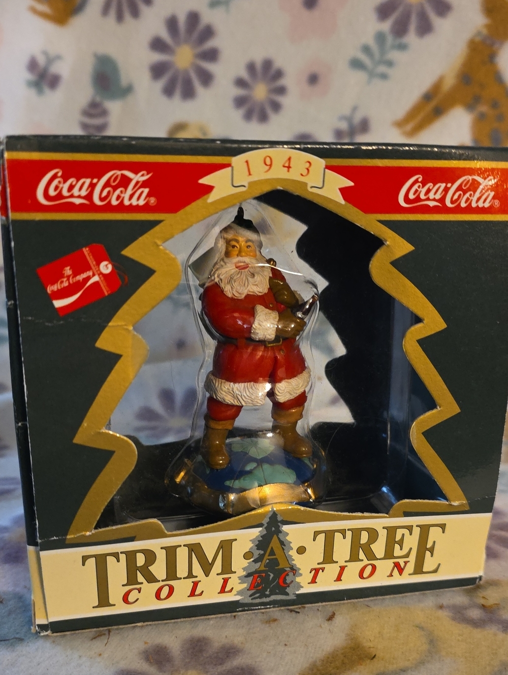 1990s Coca-Cola Trim-a-Tree Xmas ornament featuring Santa Claus Atop The World